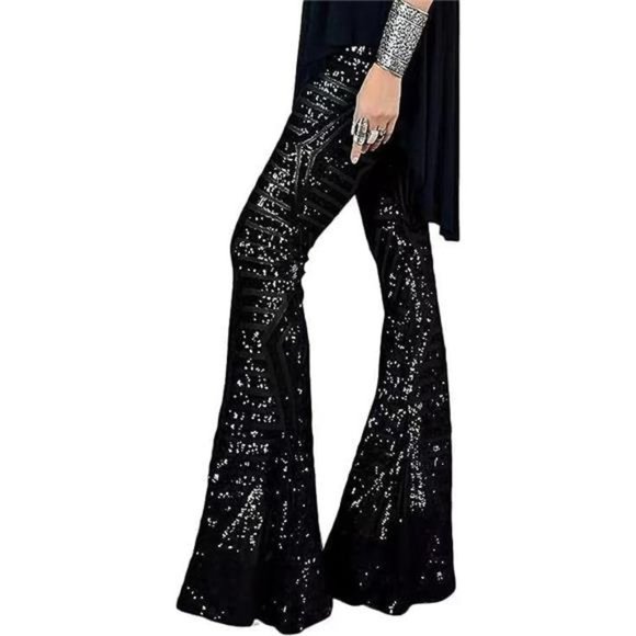 Geynaw Women's Sequin Flared Pants Sparkly Glitter High Waisted Wide Leg Flare - Picture 1 of 5